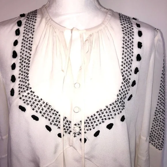 Altuzarra Peasant Blouse Size 4 Tie Embroidered Silk Made In Italy White Black - Picture 7 of 14